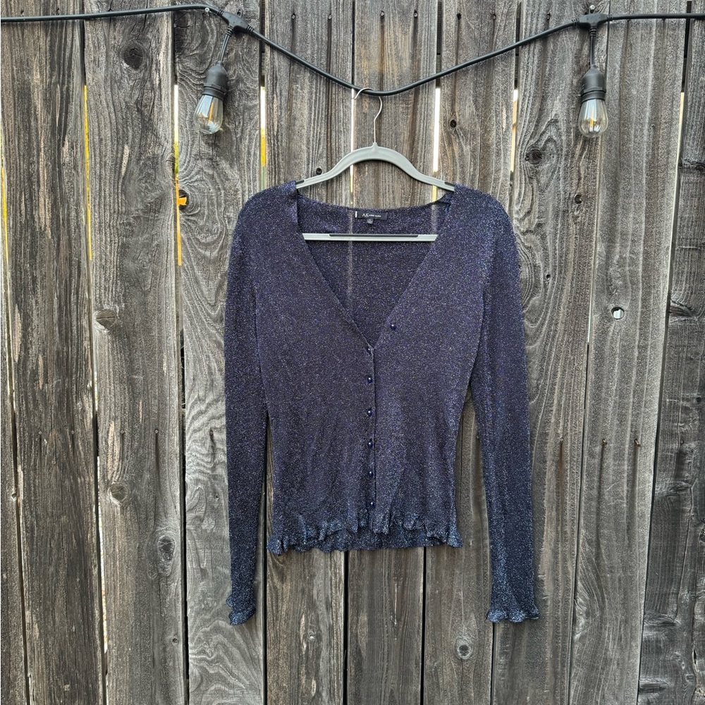Anne Klein Navy Blue Sparkly Button-Up Cardigan with Ruffles size large